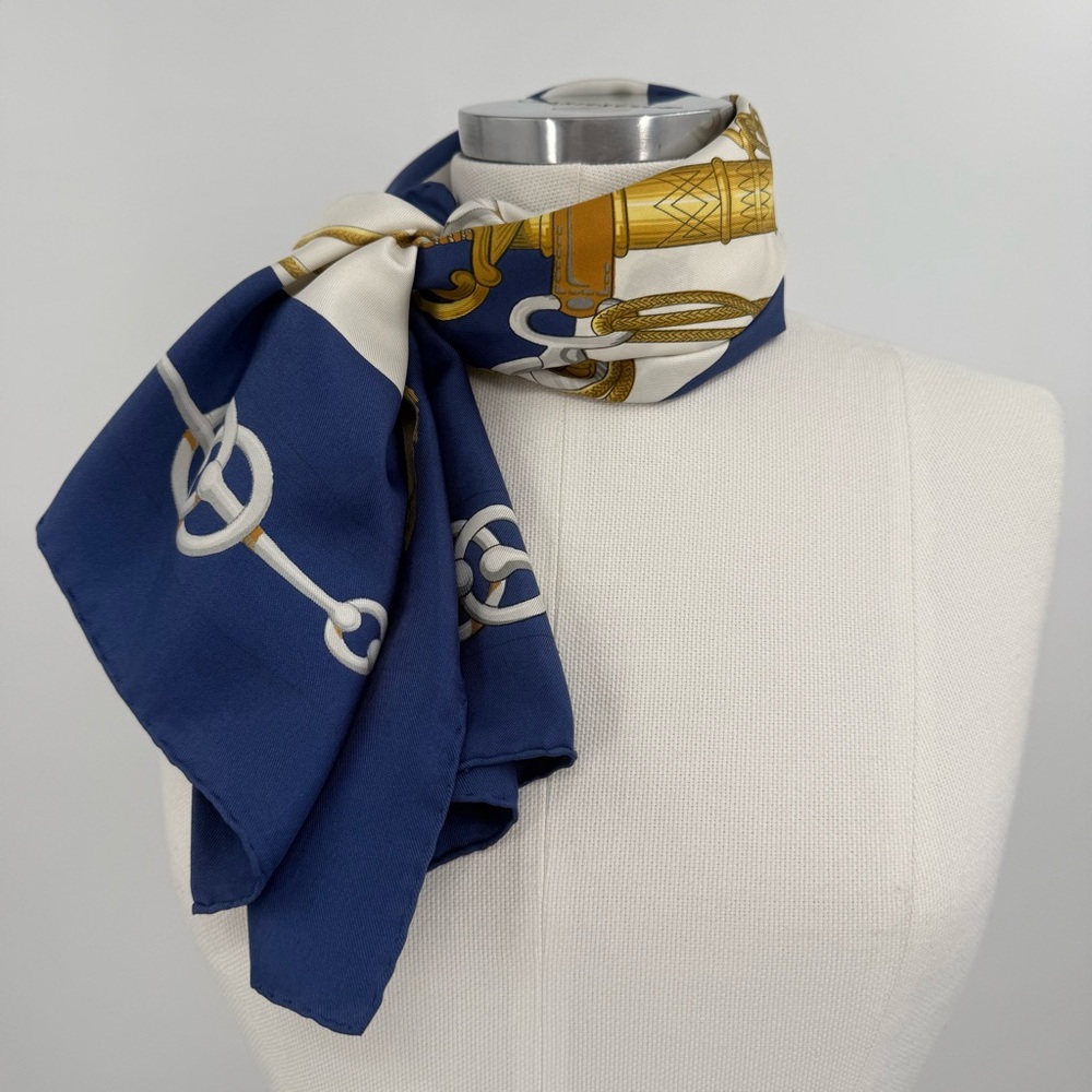 Hermes Vintage Cliquetis Blue and Gold Saber and Sword Silk Scarf